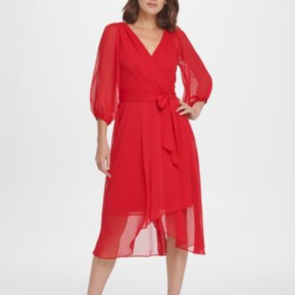 DKNY Balloon Sleeve Chiffon Midi Dr Scarlet 14